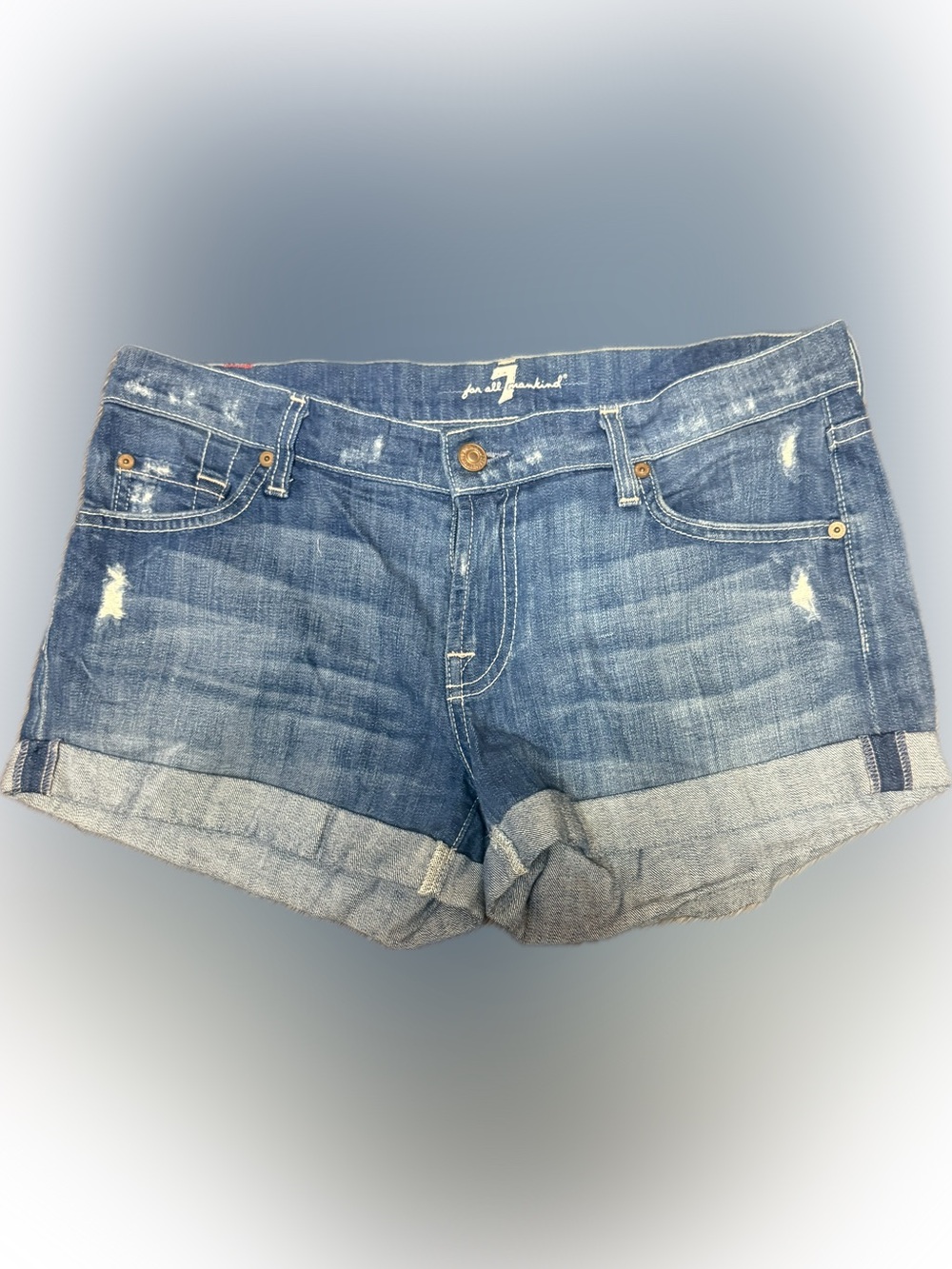 7 For All Mankind Low-Rise Distressed Cuffed Denim Shorts | Sz 29
